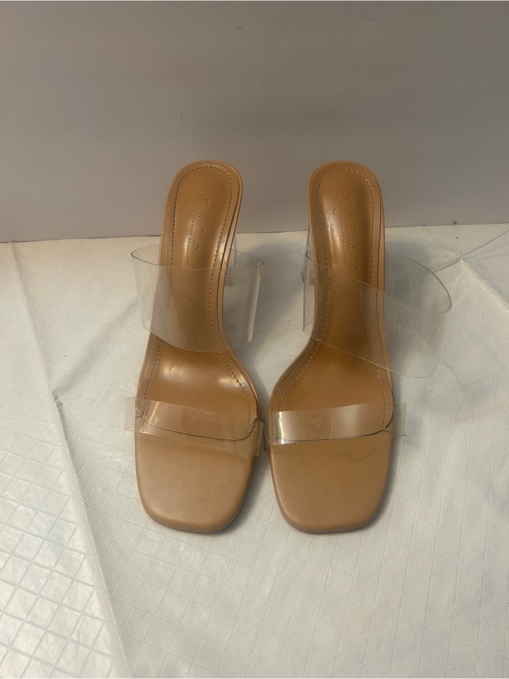 MiaLaMiaLa Clear Strap Tan Mule Heels PVC Slip-On Size 40 (US 9/9.5) Good